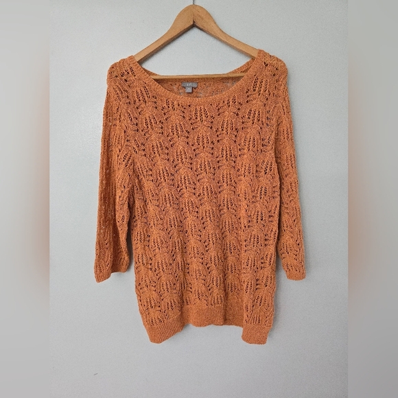 J Jill Crochet Sweater XL Open Knit Pumpkin Orange Fall Autumn Pullover Stretch - Picture 1 of 11